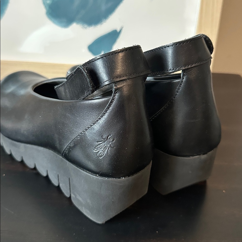 Fly London Black Leather Ankle Strap Platform Wedges - Picture 5 of 8